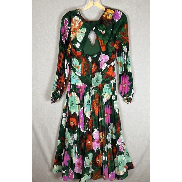Anthropologie Size 6 Maeve Pleated Long Dress V Neck Green Floral Wedding Date - Picture 8 of 16